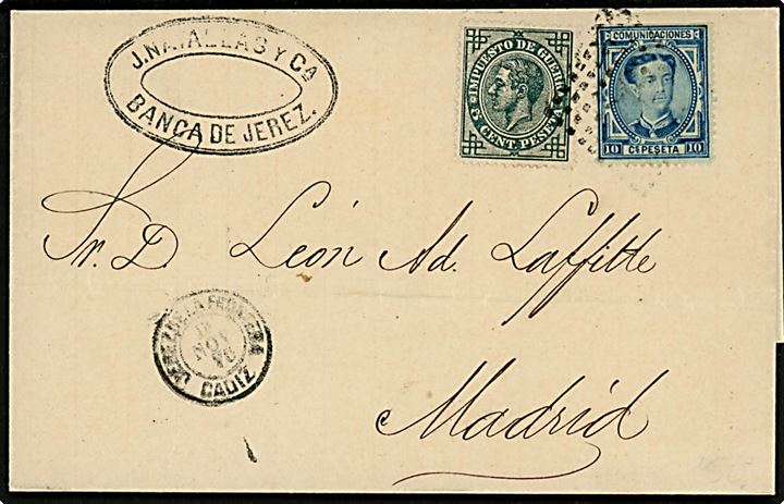 10 cts. Alfonso XII og 5 cts. Krigsskattemærke på brev annulleret med stumt stempel og sidestemplet Jerez de La Frontera Cadiz d. 1?.11.1876 til Madrid.