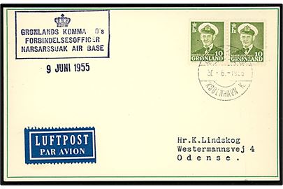 10 øre Fr. IX i parstykke på filatelistisk luftpost brevkort annulleret Grønlands Postkontor København K. d. 30.6.1955 og sidestemplet (krone) Grønlands Kommando's Forbindelsesofficer Narsarssuak Air Base d. 9.6.1955 til Odense.