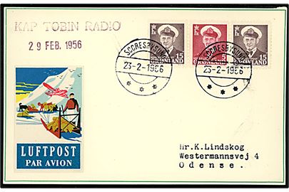 5 øre og 15 øre (2) Fr. IX på filatelistisk luftpost brevkort annulleret Scoresbysund d. 23.2.1956 og sidestemplet KAP TORBIN RADIO d. 29.2.1956 til Odense. 