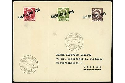5 øre, 10 øre og 15 øre Fr. IX på brev annulleret med liniestempel MESTERS VIG og sidestemplet Grønlands Postkontor København K d. 22.7.1954 til Odense.