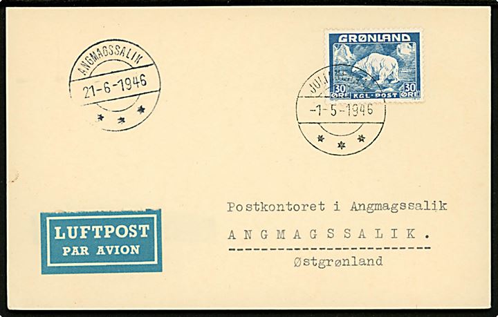 30 øre Isbjørn single på filatelistisk indenrigs luftpost brevkort fra Julianehaab d. 1.5.1946 til Angmagssalik. Ank.stemplet d. 21.6.1946.