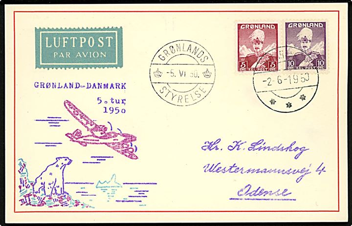 5 øre og 10 øre Chr. X på illustreret luftpost brevkort fra Julianehaab d. 2.6.1950 via Grønlands Styrelse d. 5.6.1950 til Odense. Påskrevet: Grønland - Danmark 5. tur 1950.