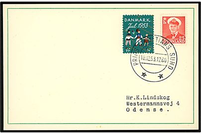 25 øre Fr. IX og dansk Julemærke 1953 på filatelistisk brevkort annulleret Prins Christians Sund d. 18.12.1953 til Odense. 