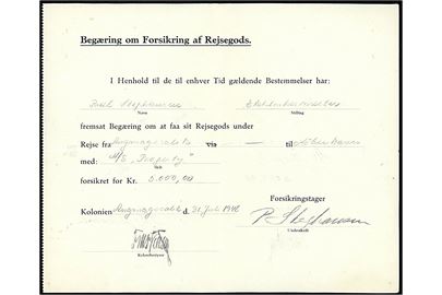 Begæring om Forsikring af Rejsegods fra Kolonien Angmagssalik d. 31.7.1948 for godt med M/S Property til København. 