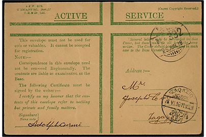 Ufrankeret britisk Active Service Honour-envelope med indisk feltpost stempel F.P.O. no. 332 (= Belbeis, Egypt) d. 25.6.1919 til Zaqaziq, Egypten. 