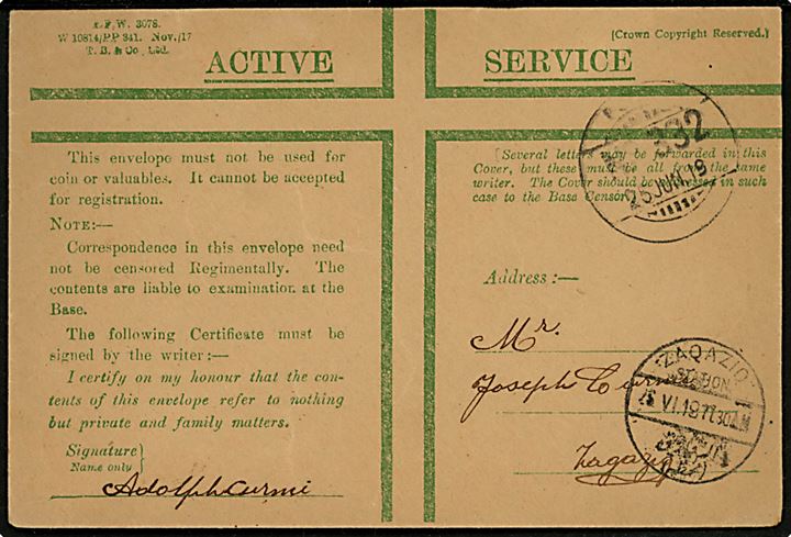 Ufrankeret britisk Active Service Honour-envelope med indisk feltpost stempel F.P.O. no. 332 (= Belbeis, Egypt) d. 25.6.1919 til Zaqaziq, Egypten. 