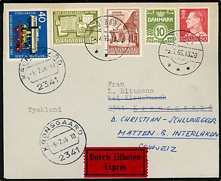 85 øre blandingsfrankeret brev fra Oksbøl d. 5.7.1965 til Kronsgaard, Tyskland. Opfrankeret med tyske udgaver og eftersendt som ekspres fra Kronsgaard d. 6.7.1965 til Matten b. Interlaken, Schweiz.