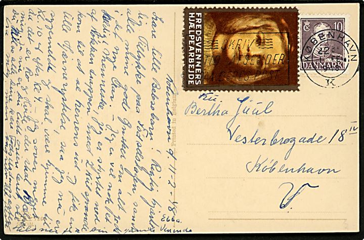 10 øre Chr. X og Fredsvenners Hjælpearbejde mærkat på lokalt brevkort i København d. 11.2.1948.