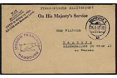 Ufrankeret britisk OHMS tjenestekuvert mærket Franzosische Militärpost sendt lokalt i Hamburg d. 24.3.1947. Violet tjenestestempel: Mission Francaise / Hambourg.