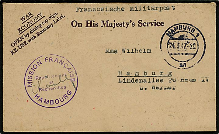 Ufrankeret britisk OHMS tjenestekuvert mærket Franzosische Militärpost sendt lokalt i Hamburg d. 24.3.1947. Violet tjenestestempel: Mission Francaise / Hambourg.