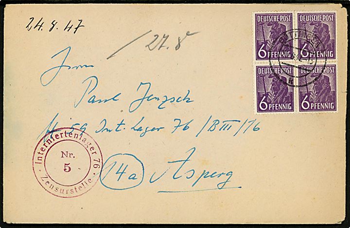 6 pfg. i fireblok på brev fra Göttingen d. 25.8.1947 til indsat i Interniertenlager 76 i Asperg. Rødt lejrcensur stempel.