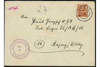 24 pfg. single på brev fra Leipzig d. 25.6.1947 til indsat i Interniertenlager 76 i Asperg. Violet lejrcensur stempel.