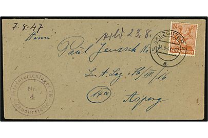 24 pfg. single på brev fra Salzgitter d. 11.8.1947 til indsat i Interniertenlager 76 i Asperg. Violet lejrcensur stempel.