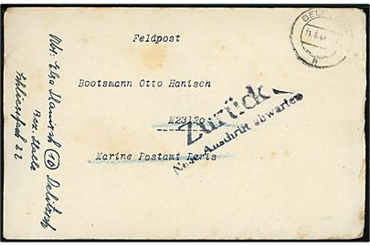 Ufrankeret feltpostbrev fra Delitzsch d. 11.8.1944 til sømand ved feldpost M23120 Marine Postamt Paris (= Hafenkommandatur Fecamp). Returneret med stempel Zurück Neue Anschrift abwarten. Den franske havneby Fecamp blev indtaget af de allierede d. 2.9.1944. Uåbnet brev!