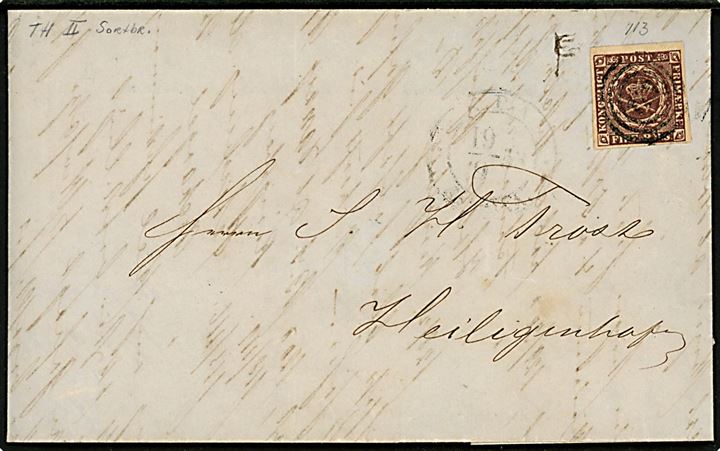 4 R.B.S. Thiele II stortbrun med fuld rand på brev annulleret med nr.stempel 113 og sidestemplet antiqua K.P.A. Altona d. 19.9.1853 til Heiligenhafen.