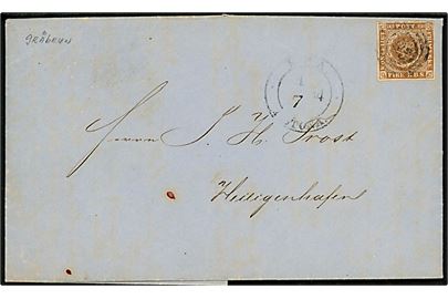 4 R. B. S. Thiele III gråbrun med fuld rand på brev annulleret med nr.stempel 113 og sidestemplet antiqua K.P.A. Altona d. 1.7.1854 til Heiligenhafen.