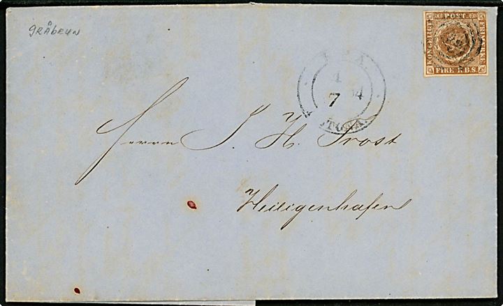 4 R. B. S. Thiele III gråbrun med fuld rand på brev annulleret med nr.stempel 113 og sidestemplet antiqua K.P.A. Altona d. 1.7.1854 til Heiligenhafen.