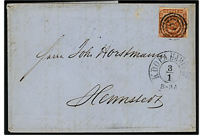 4 sk. 1854 på brev annulleret med nr.stempel 2 og sidestemplet antiqua K.D.O.P.A. Hamburg d. 3.1.1856 til Hemstedt.