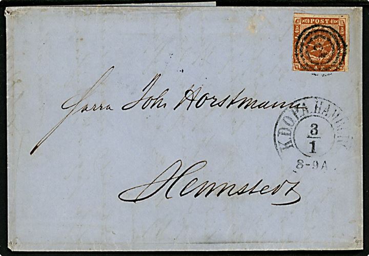 4 sk. 1854 på brev annulleret med nr.stempel 2 og sidestemplet antiqua K.D.O.P.A. Hamburg d. 3.1.1856 til Hemstedt.