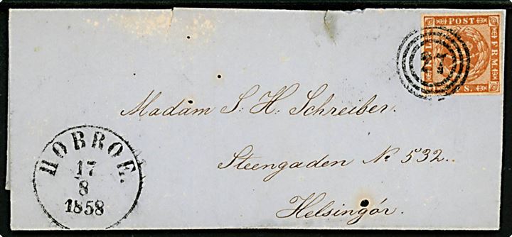 4 sk. 1858 udg. på brev annulleret med nr.stempel 27 og sidestemplet antiqua Hobroe. d. 17.8.1858 til Helsingør.