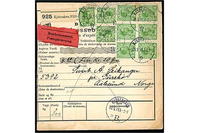 5 øre Chr. X (9) på 45 øre frankeret internationalt adressekort for pakke med postopkrævning fra Kjøbenhavn 8 d. 29.5.1916 Gurskø pr. Ålesund, Norge.