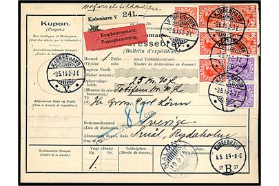 10 øre (6) og 15 øre (par) Chr. X på 90 øre frankeret internationalt adressekort for pakke med postopkrævning fra Kjøbenhavn V d. 8.5.1915 via Malmö og Värnamo til Rydaholm, Småland, Sverige.