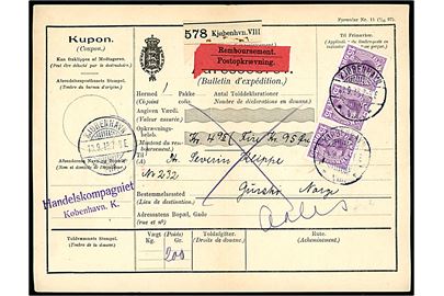 15 øre Chr. X i 3-stribe på 45 øre frankeret internationalt adressekort for pakke med postopkrævning fra Kjøbenhavn VIII d. 10.9.1915 til Gurskø pr. Ålesund, Norge.