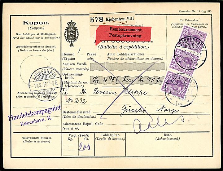 15 øre Chr. X i 3-stribe på 45 øre frankeret internationalt adressekort for pakke med postopkrævning fra Kjøbenhavn VIII d. 10.9.1915 til Gurskø pr. Ålesund, Norge.