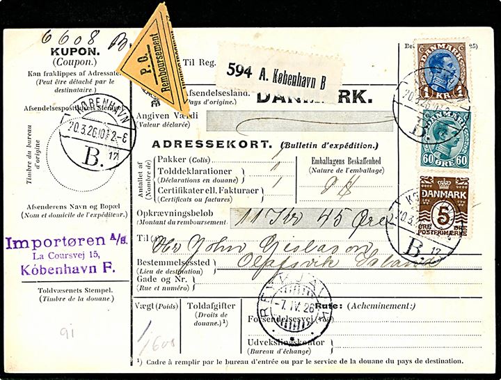 5 øre Bølgelinie, 60 øre og 1 kr. Chr. X på 165 øre frankeret internationalt adressekort for pakke med postopkrævning fra København B. d. 20.3.1926 via Reykjavik d. 7.4.1926 til Olafsvik på Island.