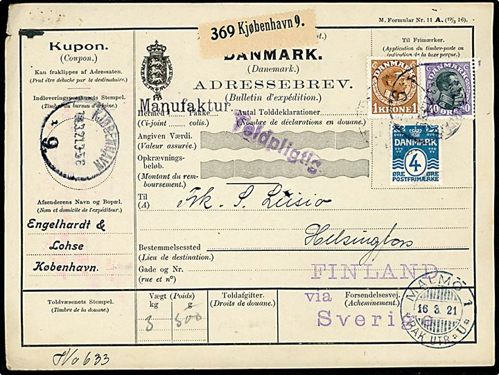 4 øre Bølgelinie, 40 øre og 1 kr. Chr. X på 144 øre frankeret internationalt adressekort for pakke fra Kjøbenhavn 9 d. 16.3.1921 via Malmö til Helsingfors, Finland.