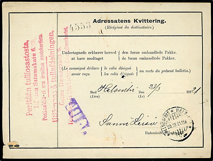 4 øre Bølgelinie, 40 øre og 1 kr. Chr. X på 144 øre frankeret internationalt adressekort for pakke fra Kjøbenhavn 9 d. 16.3.1921 via Malmö til Helsingfors, Finland.