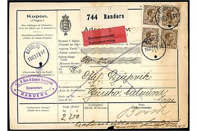 25 øre Chr. X i fireblok på internationalt adressekort for pakke med postopkrævning fra Randers d. 10.12.1917 til Gurskø pr. Ålesund, Norge. Skramme i bunden og skjolder.