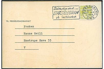 12 øre Bølgelinie med perfin POL på fødselsdagskort fra KVIK (Politiken) sendt som tryksag i København d. 17.4.1958.