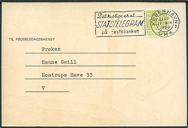 12 øre Bølgelinie med perfin POL på fødselsdagskort fra KVIK (Politiken) sendt som tryksag i København d. 17.4.1958.