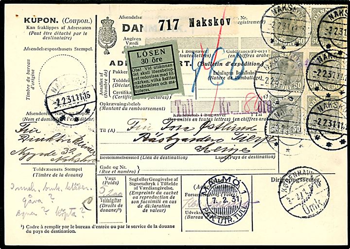 50 øre Chr. X (6) på 300 øre frankeret internationalt adressekort for pakke fra Nakskov d. 2.2.1931 via København og Malmö til Tierp, Sverige.