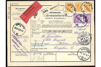 15 øre (par) og 35 øre (3-stribe) Chr. X på 135 øre frankeret internationalt adressekort for pakke med postopkrævning fra Kjøbenhavn K. d. 23.8.1915 til Kalmar, Sverige.