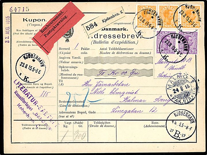 15 øre (par) og 35 øre (3-stribe) Chr. X på 135 øre frankeret internationalt adressekort for pakke med postopkrævning fra Kjøbenhavn K. d. 23.8.1915 til Kalmar, Sverige.