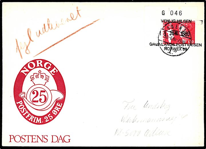 1,30 kr. Margrethe på illustreret filatelistisk kuvert annulleret med udstillingsstempel Venlig hilsen Grønlands Postvæsen Norwex 80 d. 19.6.1980 og igen Odense 1 d. 30.6.1980 til Odense.