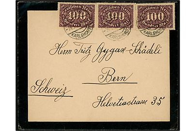 100 mk. Infla udg. (3) på sørgekuvert fra Berlin Karlhorst d. 24.3.1923 til Bern, Schweiz.