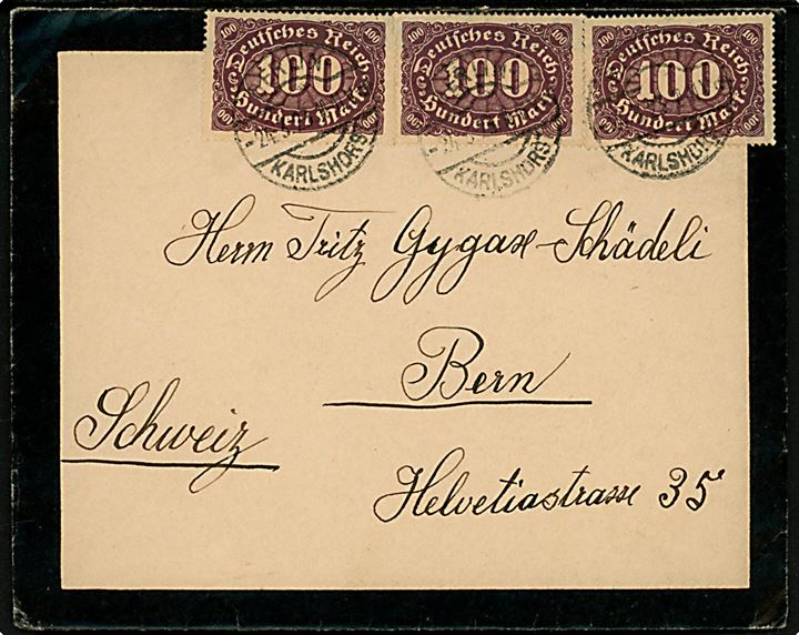 100 mk. Infla udg. (3) på sørgekuvert fra Berlin Karlhorst d. 24.3.1923 til Bern, Schweiz.
