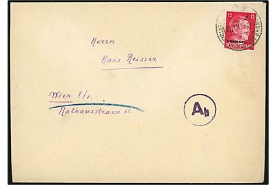 12 pfg. Hitler Ukraine provisorium single på brev stemplet Kiew Deutsche Dienstpost Ukraine d. 27.1.1943 til Wien, Østrig. Passérstemplet Ab ved den tyske censur i Berlin.