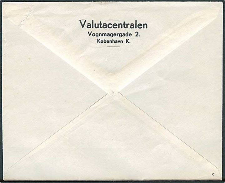 4 øre Bølgelinie med perfin V på lokal tryksag fra Valutacentralen i København d. 8.6.1940.