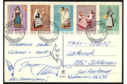 Komplet sæt Folkedragter i sammentrykt 5-stribe på brevkort fra Helsinki d. 17.3.1975 til Schlieren, Schweiz.