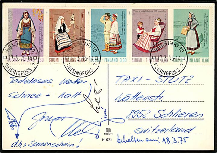 Komplet sæt Folkedragter i sammentrykt 5-stribe på brevkort fra Helsinki d. 17.3.1975 til Schlieren, Schweiz.