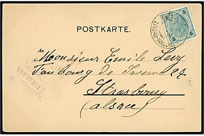 5 h. Franz Josef på brevkort fra Innsbruck annulleret med bureaustempel F.P.A. Lindau - Innsbruck d. x.11.1900 til Strassburg, Tyskland.