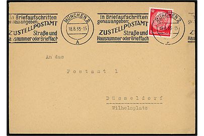 12 pfg. Hindenburg med POKO-perfin DAG og spor efter afskæring på brev fra firma Diamalt i München d. 18.8.1933 til Düsseldorf. POKO-maskine var en kombineret firmaperforerings- og frimærke-påsætnings maskine.