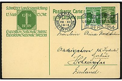 5 c. illustreret Schweizer Landesausstellung helsagsbrevkort opfrankeret med 5 c. fra Bern d. 28.12.1913 til Helsingfors, Finland - eftersendt.