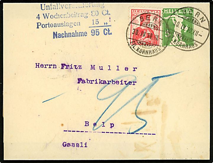 5 c. Tell Knabe helsagskorsbånd opfrankeret med 10 c. Helvetia sendt med postopkrævning for ulykkesforsikring fra Bern d. 30.4.1910 til Belp.