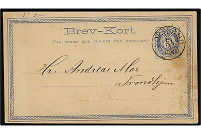 5 øre Posthorn helsagsbrevkort stemplet Sortland d. 10.1.1881 til Trondhjem. Skjold. 