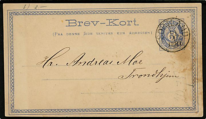 5 øre Posthorn helsagsbrevkort stemplet Sortland d. 10.1.1881 til Trondhjem. Skjold. 